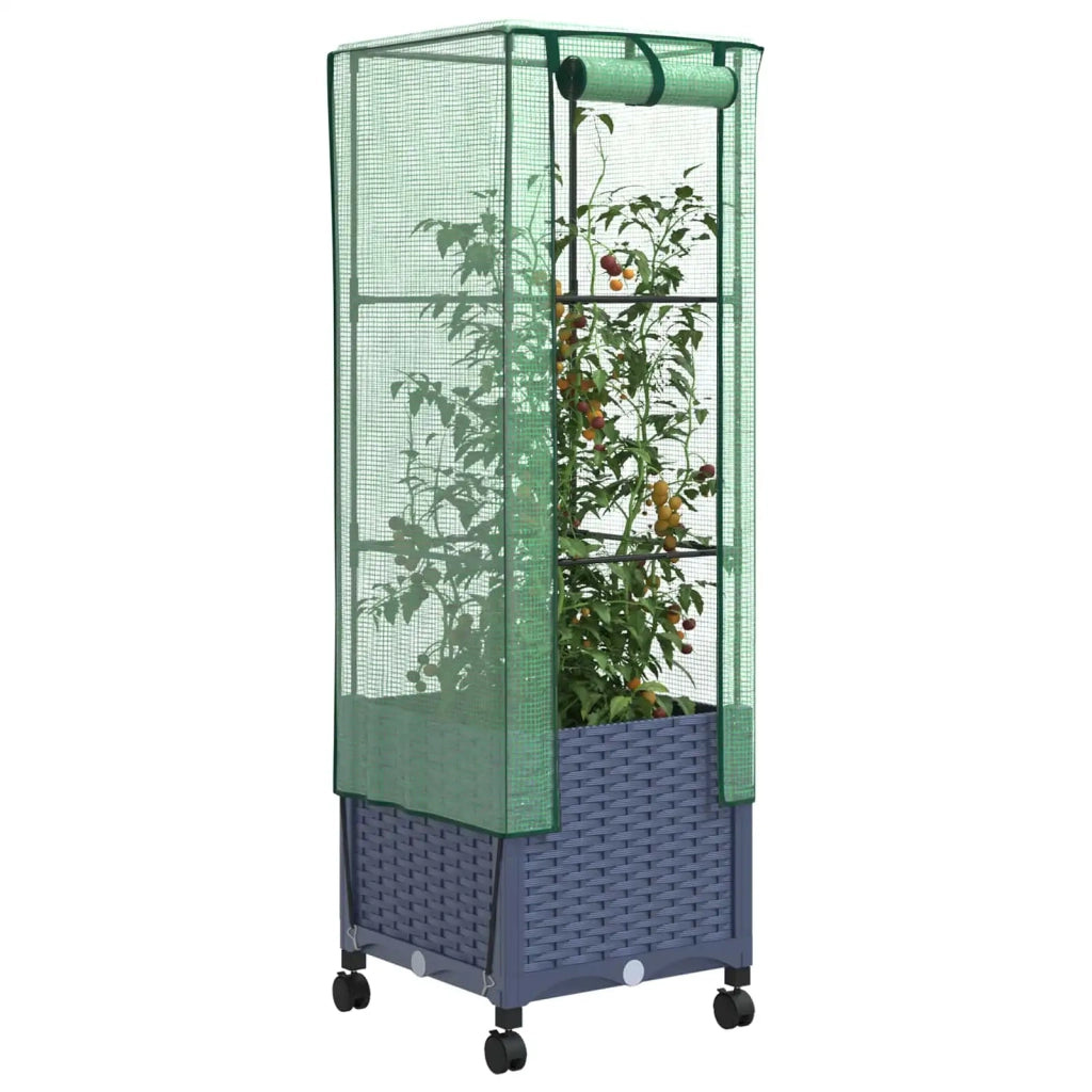 Vaso da Giardino con Copertura per Serra e Ruote Blu Grigio PP 3422931
