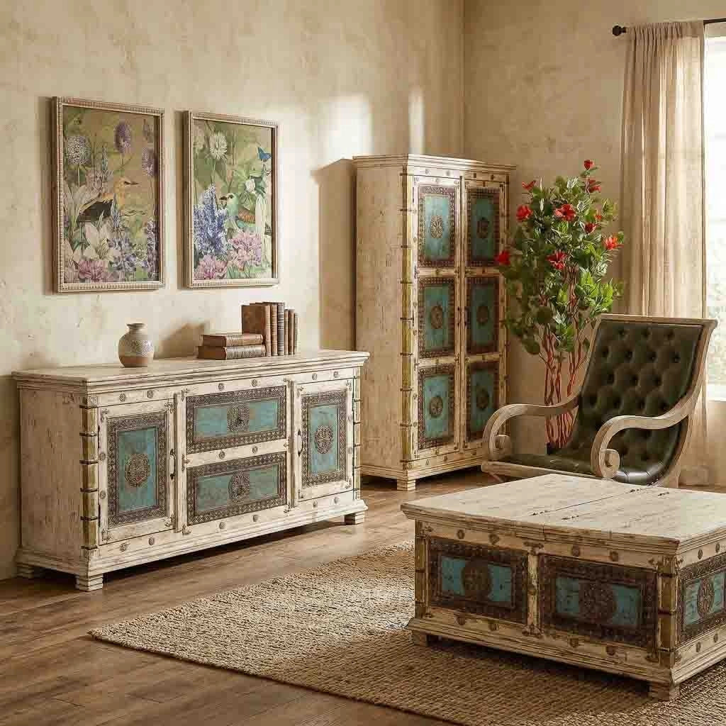 Credenza in legno artigianale, 165x45x76h cm, bianco