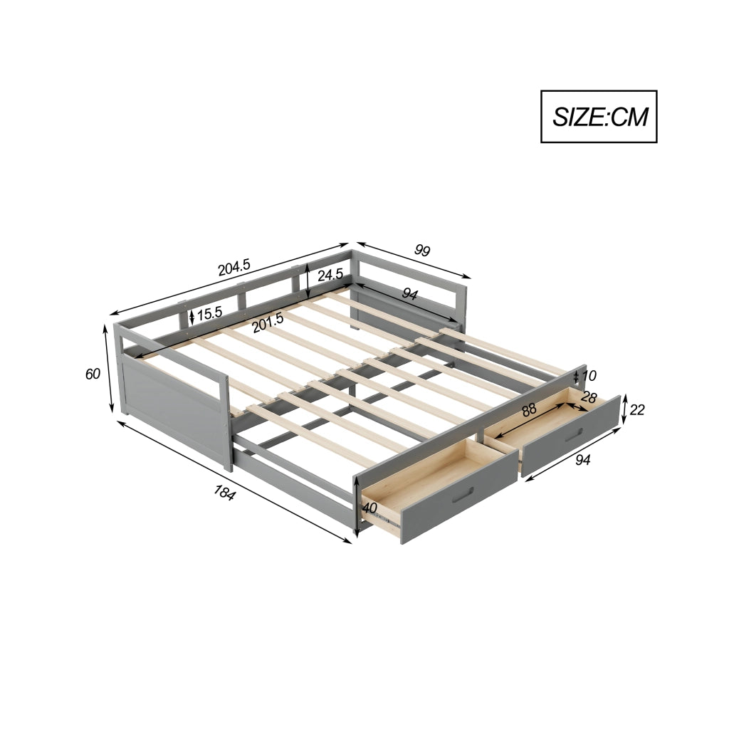 OKWISH Letto Estraibile 90×200 cm, Letto Singolo con 2 Cassetti, Estensibile a 180×200 cm e Cassetti, senza Materasso, Grigio