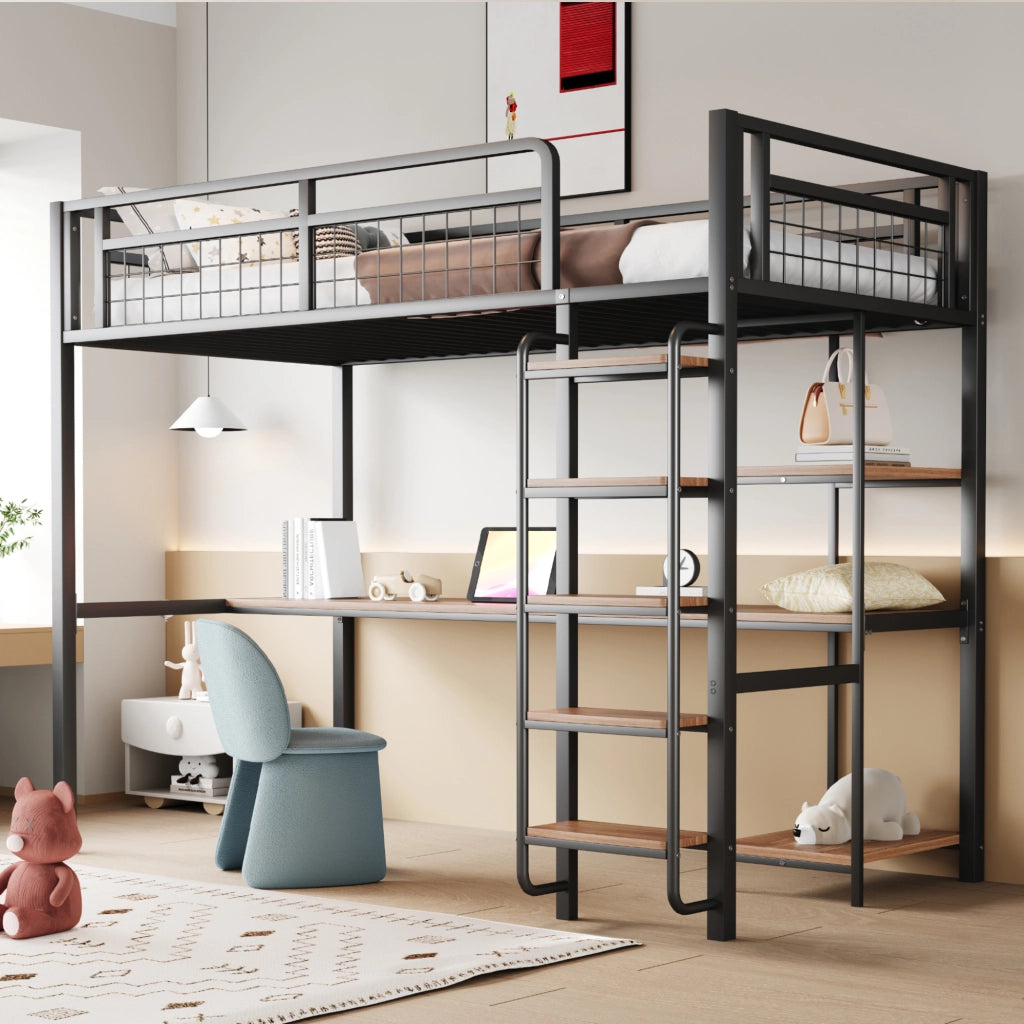 Letto a castello singolo nero in metallo con scala recinzione di sicurezza 90x200cm