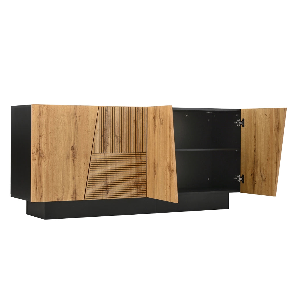Credenza moderna con ampio spazio contenitore e ripiano regolabile in pannello truciolare nero e legno 160 × 40 × 72 cm