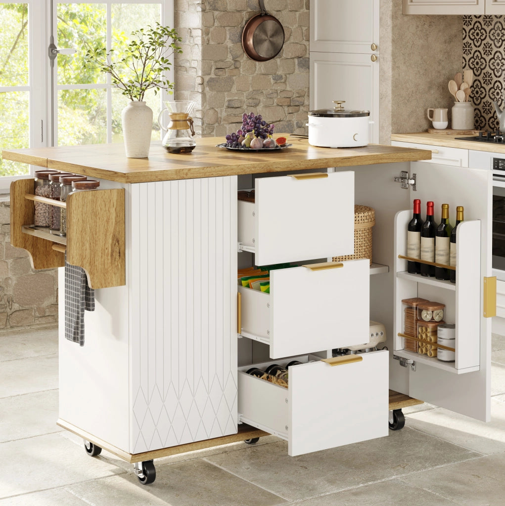 Carrello cucina mobile con piano pieghevole e prese, bianco