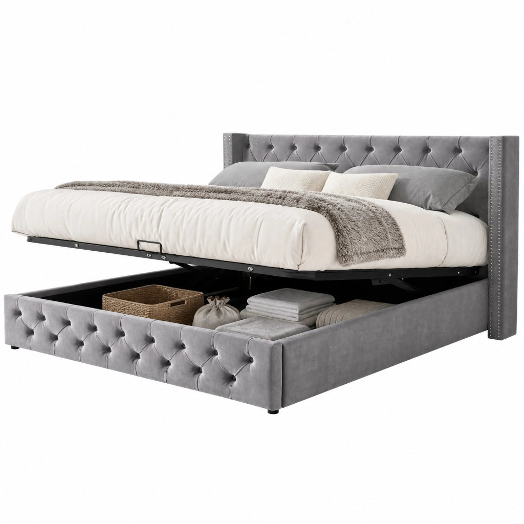 Letto matrimoniale contenitore 160x200 cm in velluto grigio stile Chesterfield
