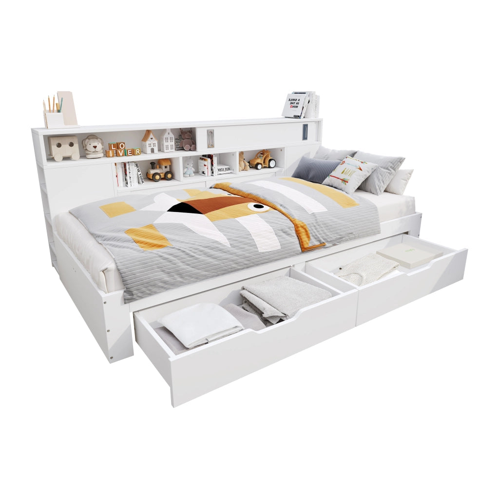 DESMIU Letto a giorno 140 × 190 cm 1 posto con 2 cassetti, ripiani e armadio, senza materasso, bianco