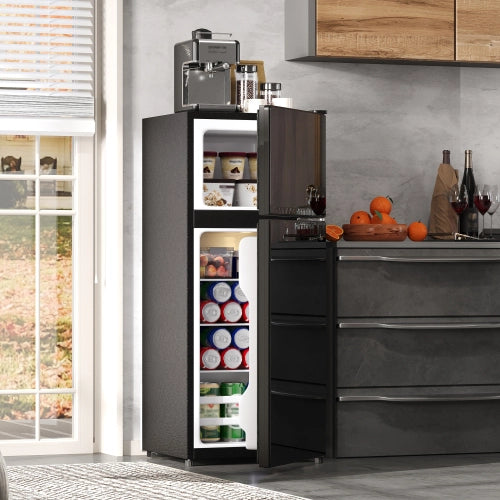 Mini frigorifero con congelatore; indipendente; volume totale 92L; congelatore da 28L; porta di vetro; illuminazione LED; basso rumore; mensole rimovibili in vetro; nero