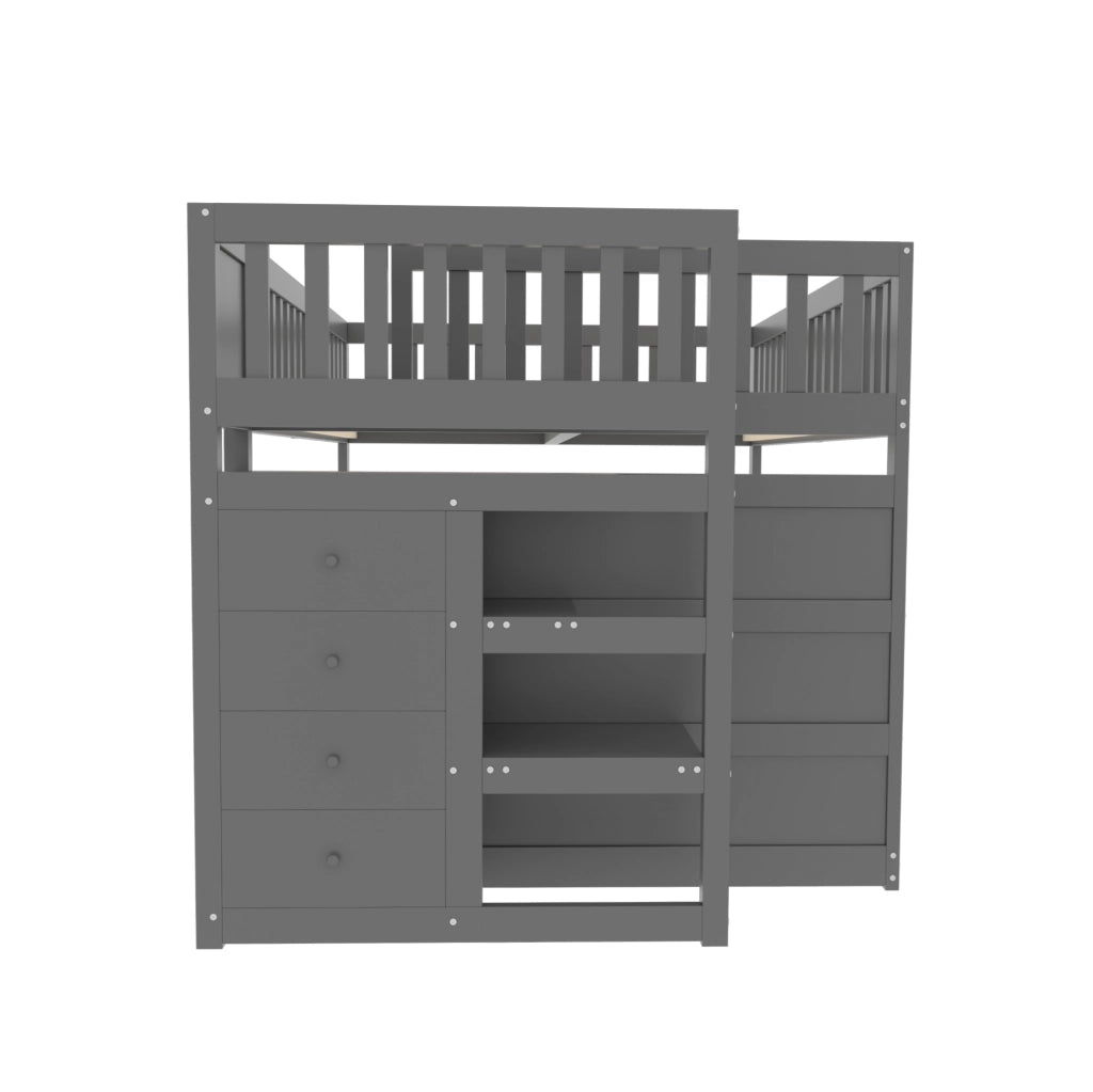 Letto a castello 140x200 cm con scala; 4 cassetti e sponda alta in legno grigio