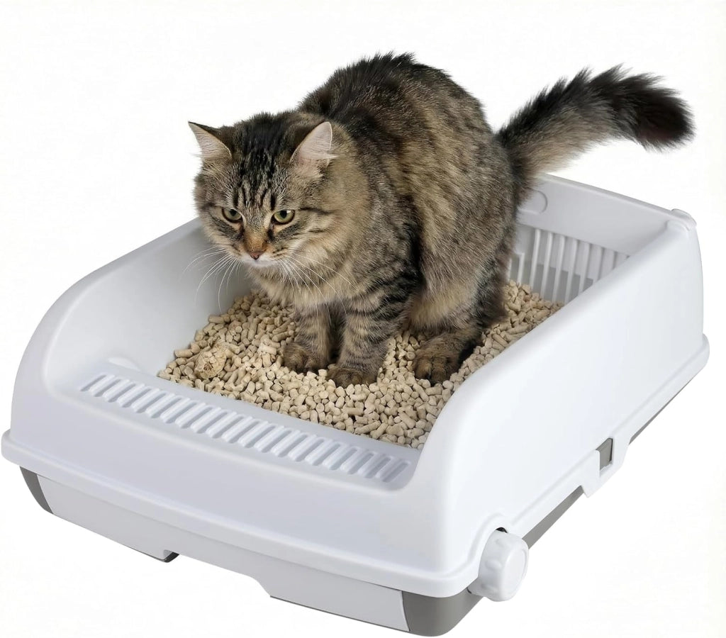 Lettiera per Gatti Semi-Automatica a Tetto Aperto, Toilette Antischizzo con Vassoio Estraibile a Cassetto, Paletta Scorrevole e Pedale Filtra Sabbia, Lettiera per Gatti fino a 10 kg (Bianco)