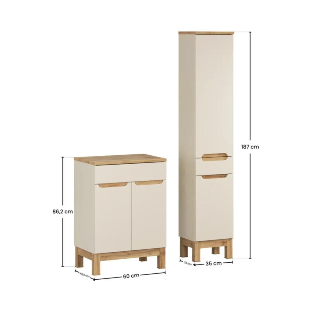 Set da bagno ERMANO cachemire e finitura rovere 95cm: mobile sotto lavabo + piano per lavabo + colonna