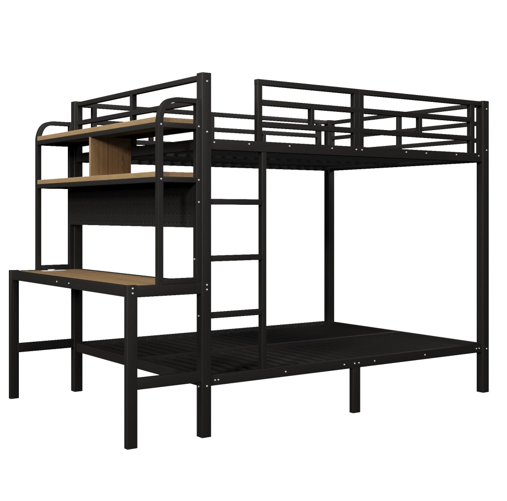 Letto a castello 140x200 cm in metallo e MDF; con scrivania; ripiani; LED e USB; nero
