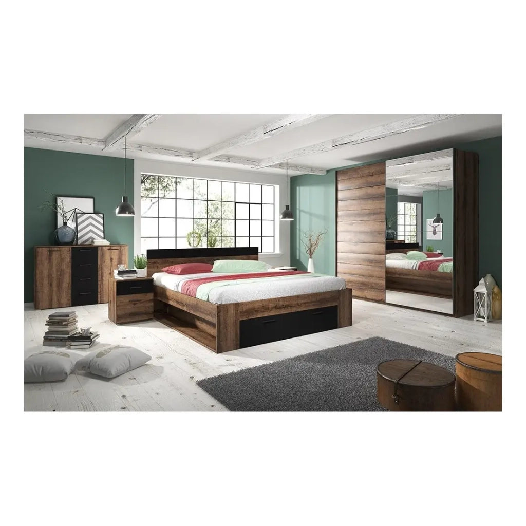 Letto adulto 160x200 con cassetti integrati - Collezione EOS. Colori rovere scuro e nero.