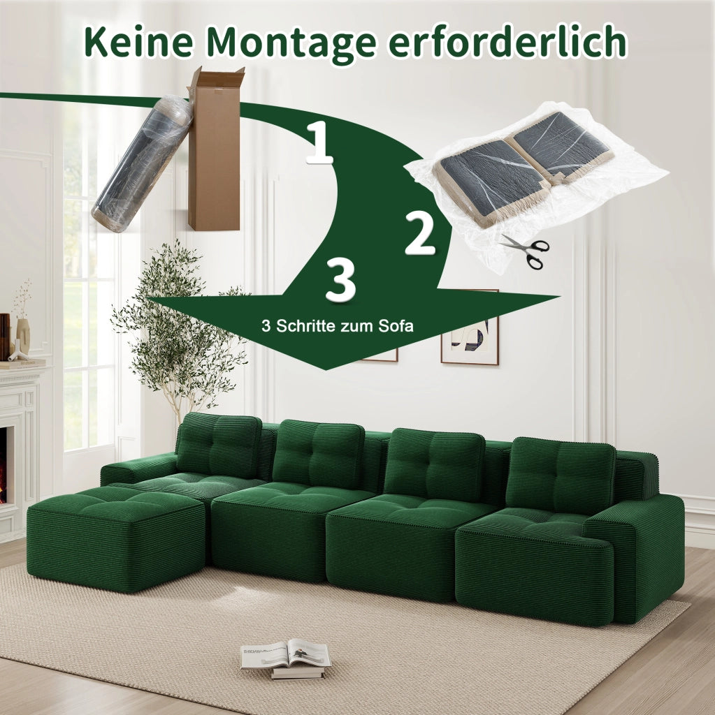 Divano modulare 4 posti con chaise longue a L; senza montaggio; in velluto a coste verde