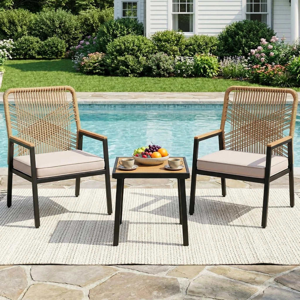 Set di mobili da giardino, Set da 3 sedie da giardino in rattan, 2 sedie da patio con tavolino, fino a 160 kg, resistenti alle intemperie, braccioli in WPC, per patio, giardino, veranda,Beige