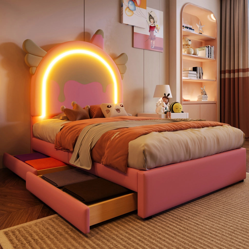 Letto imbottito a unicorno con luce e 2 cassetti, 90×200 cm rosa