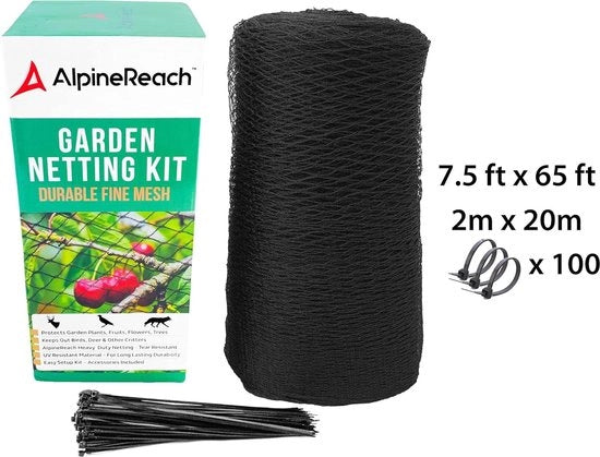JK24 - Rete per Uccelli - Rete per Giardino - 2m x 20m - Kit di Protezione Extra Resistente per Piante Frutta Alberi Animali Cervi - Nero