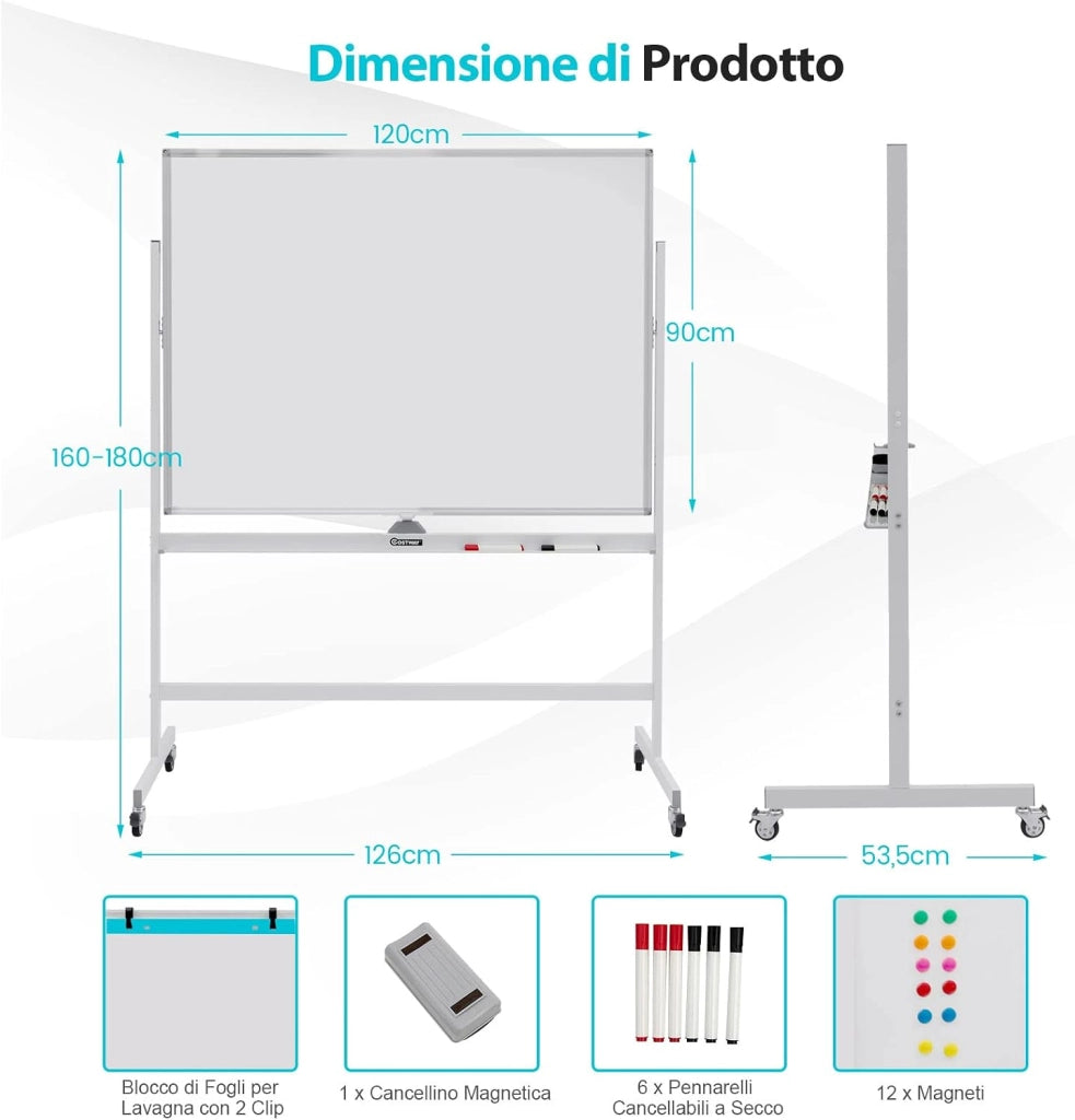 Lavagna Bianca Magnetica Doppia, Lavagna Bianca Regolabile in Altezza e Ruote Bloccabili, 6 Pennarelli, 12 Calamite e 1 Cancellino, Ideale per Scuola, 126 x 53,5 x 160-180 cm (Bianco)