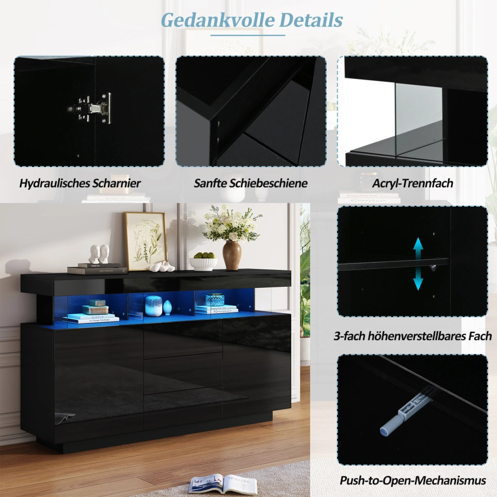 Madia con 3 cassetti; 2 ante e LED - per soggiorno - 140 x 35 x 80 cm - nera