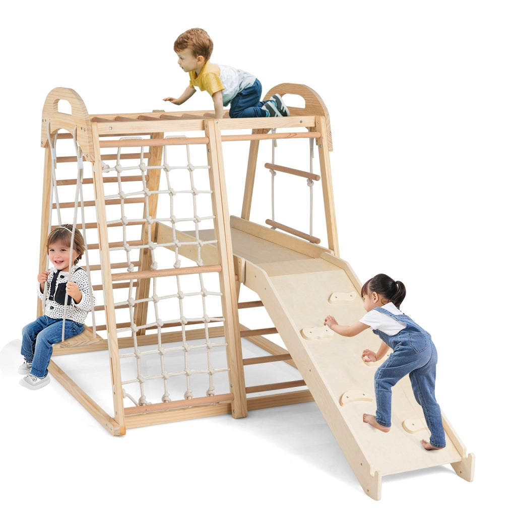 Set da arrampicata in legno con scivolo barra delle scimmie scala a corda-Palestra per bambini 8 in 1 con piattaforma Naturale