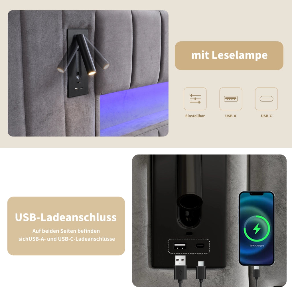 OKWISH Letto Contenitore 180×200 cm, Letto Matrimoniale con USB A e USB C, LED Regolabile e Lampada da Lettura, senza Materasso, in Velluto, Grigio