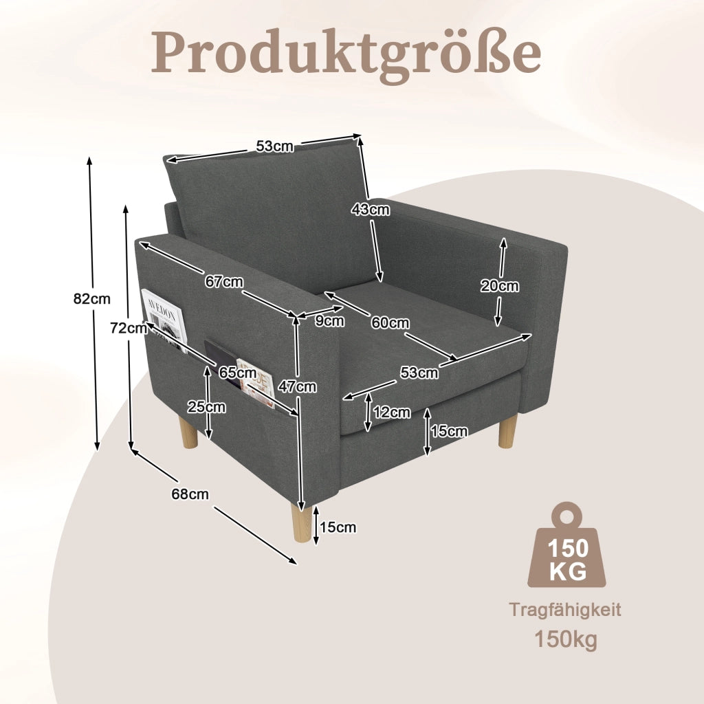 poltrona con tasca laterale e cuscino schienale design nordico in ciniglia grigio 71 Ã— 68 Ã— 82 cm