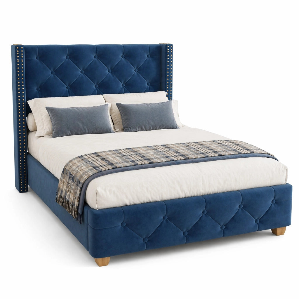 Letto imbottito 90x200 cm in velluto blu con testiera capitonné, rete a doghe e gambe in legno