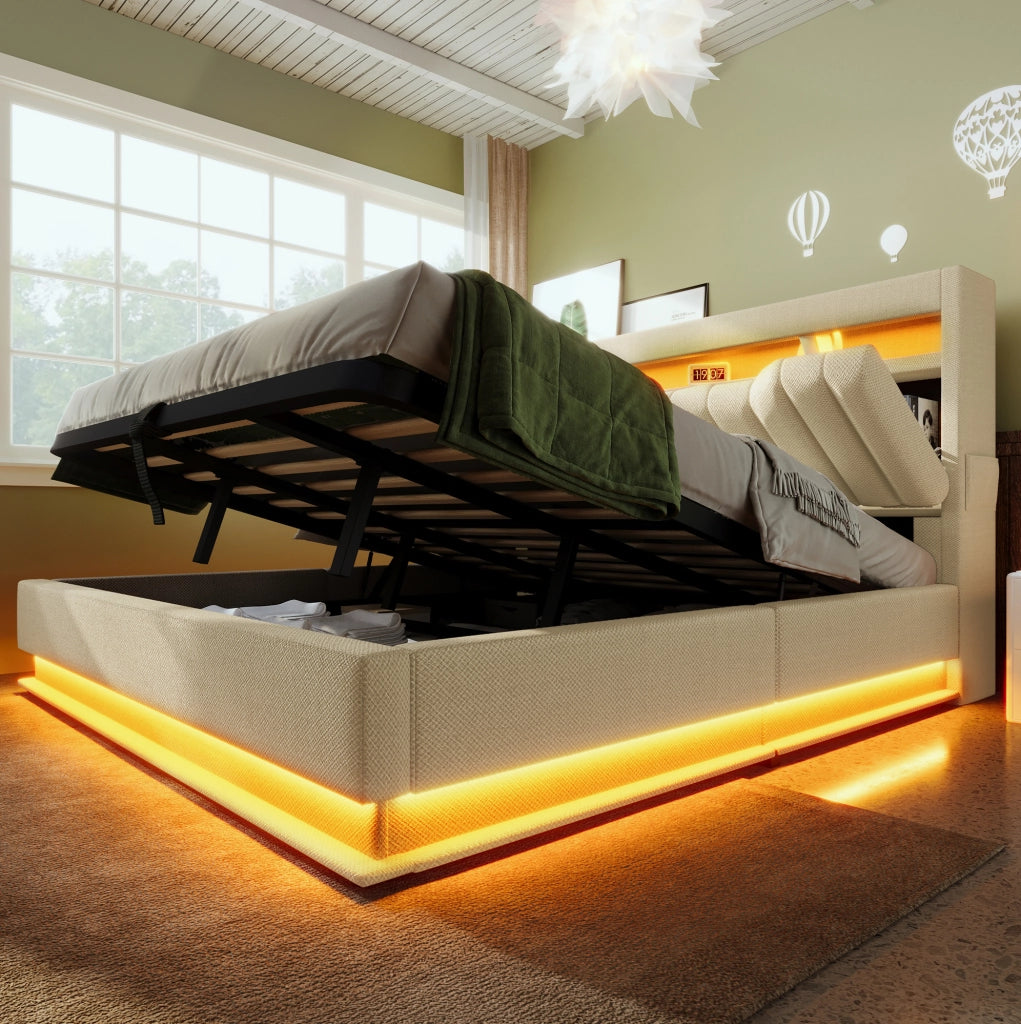 Letto 140x200 cm beige con LED, USB-C, contenitore e materasso