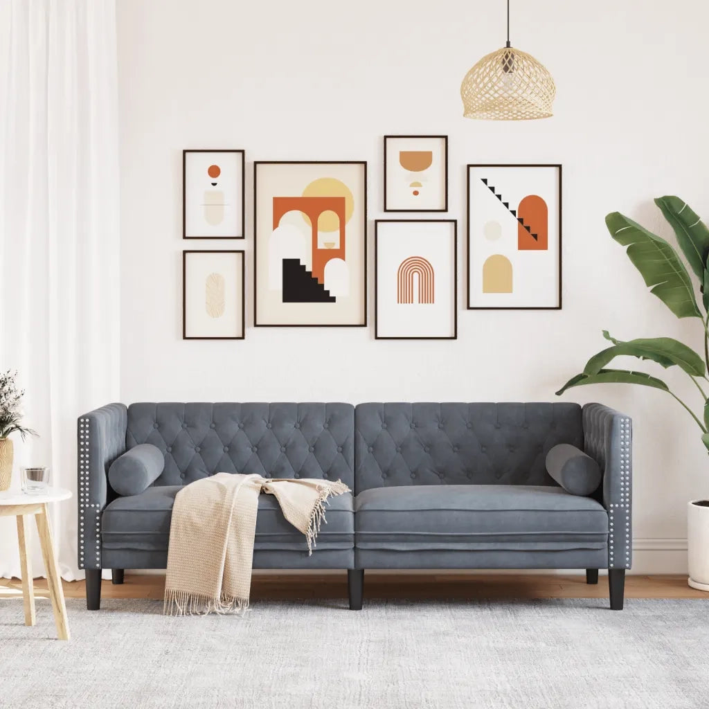 vidaXL Divano Chesterfield con Rinforzi 3 Posti Grigio Scuro Velluto