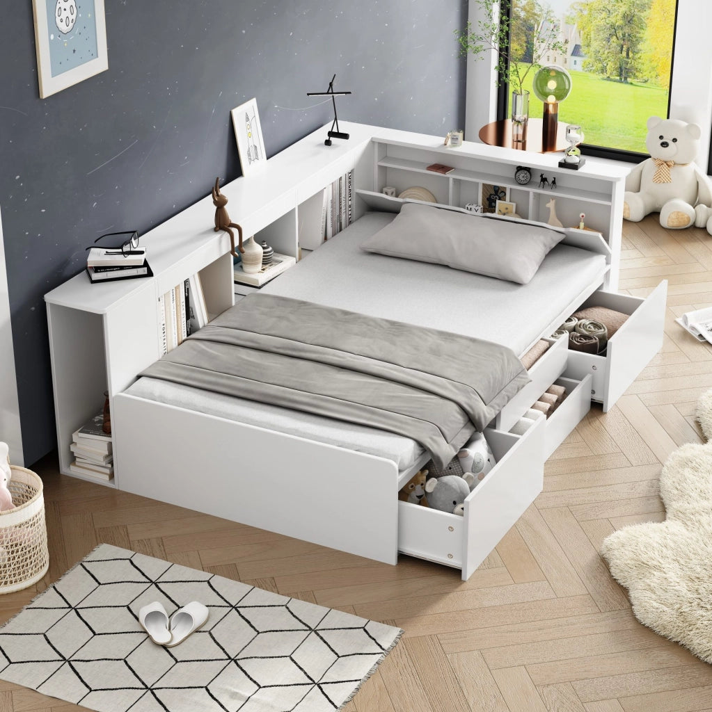 Letto per bambini 90x200 cm in MDF con 4 cassetti; librerie e spazio contenitore; bianco