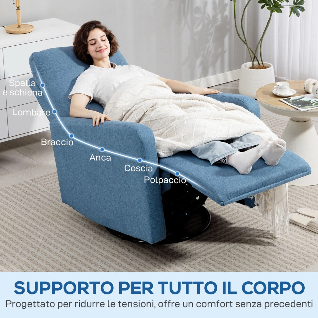 Poltrona Relax Reclinabile Manualmente a 135¡ã, Girevole a 360¡ã con Funzione Dondolo, Blu