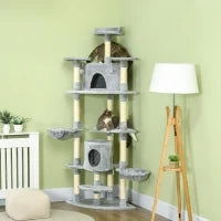 Albero Tiragraffi per Gatti Alto con Casette e Amache, 60x60x200cm, Grigio Chiaro