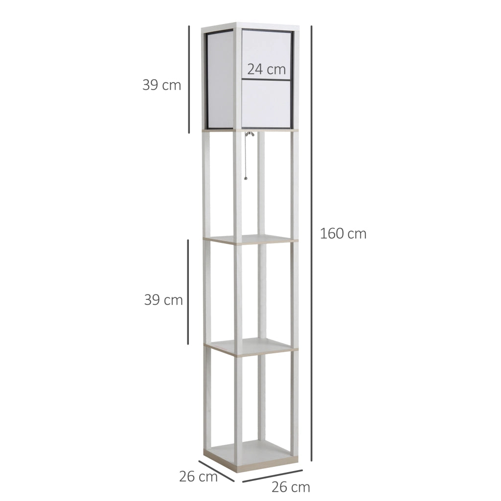 Lampada da Terra con Attacco E27 26x26x160 cm con 3 Mensole e Interruttore a Pedale in MDF e Tessuto Bianco