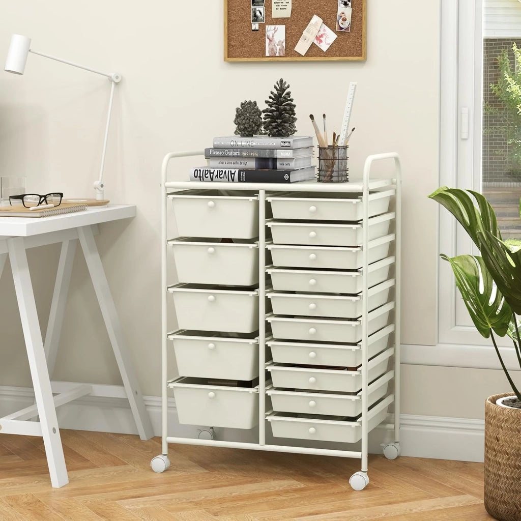 Carrelli Porta Oggetti, con 10+5 Cassetti Impilabili, 2 Ruote Bloccabili, Braccioli Metallici, Portabile e Pratico, per Ufficio, Studio, Cucina,Bagno, 5 Colori Disponibili, 62,5x37x87 cm