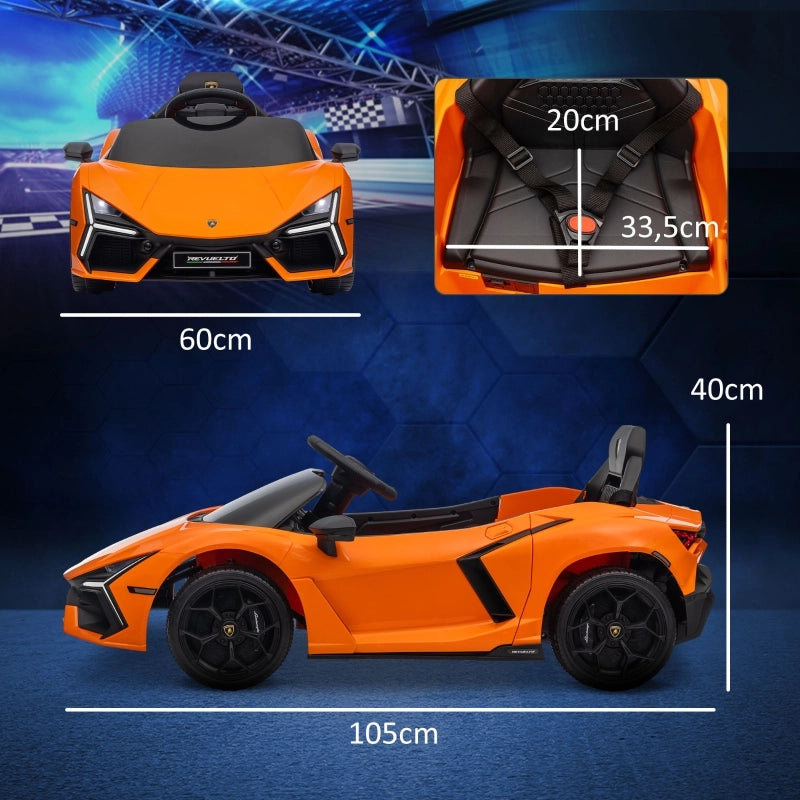 Auto elettrica per bambini ispirata Lamborghini, con telecomando, luci LED e 3 velocità, arancione