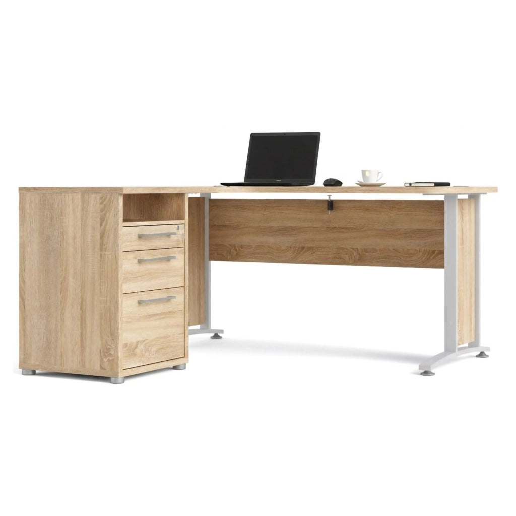 Scrivania Alfango, Scrittoio multiuso, Tavolo per ufficio porta PC, Piano di lavoro, 159x151 h75 cm, Quercia e Bianco
