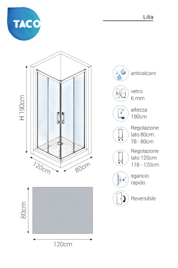 Box doccia angolare 80x120 cm con ante scorrevoli in cristallo temperato 6mm H 190cm LILIA - Cromato Lucido