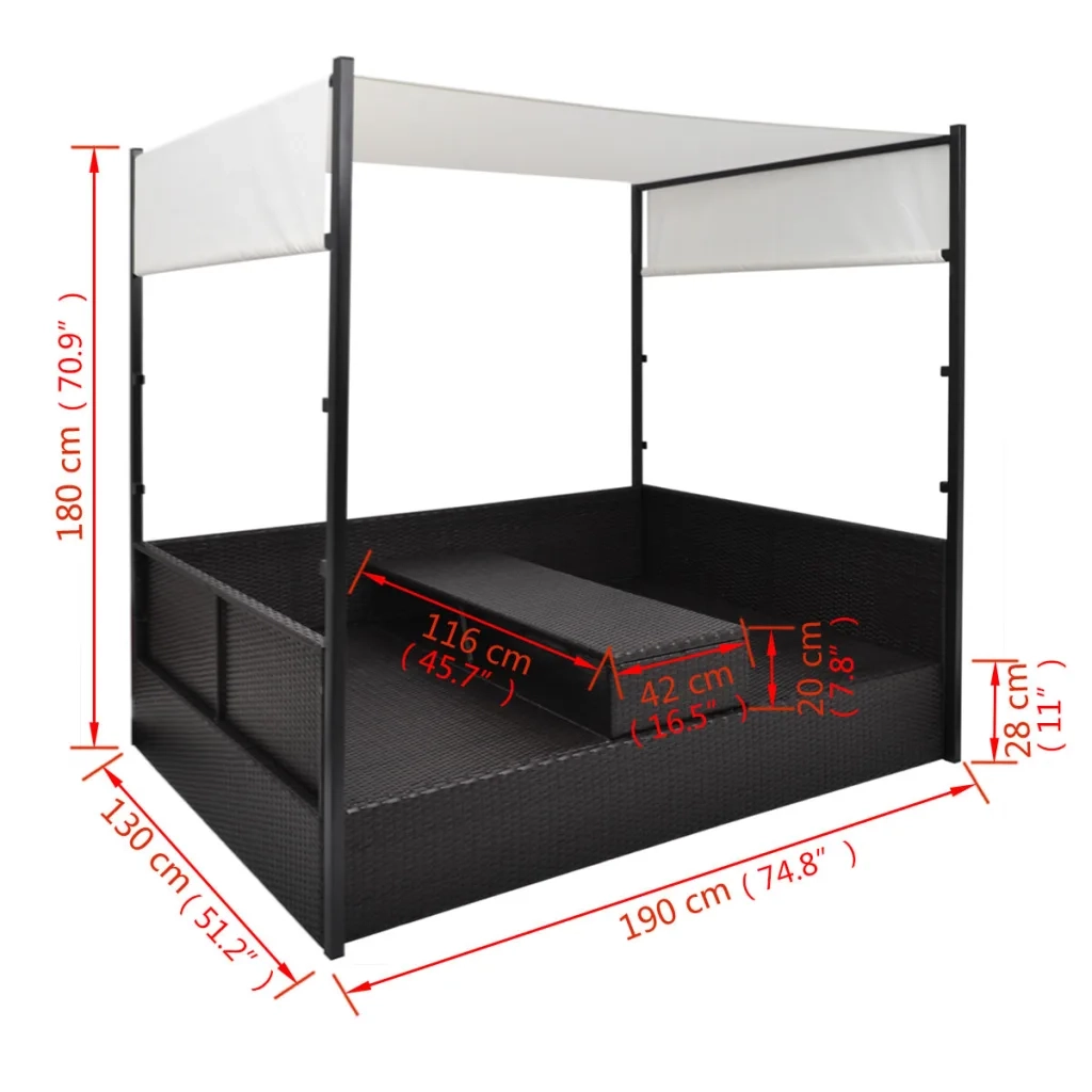 Lettino da Giardino con Tetto Nero 190x130 cm in Polyrattan 42901