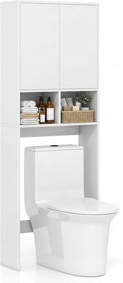 Mobile Bagno Sopra WC, Mobiletto Bagno Salvaspazio da Terra con 2 Ante, 2 Scomparti Aperti e Ripiano Regolabile, Scaffale Sopra Lavatrice per Lavanderia, 60 x 23 x 166 cm