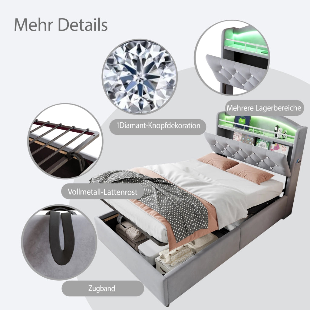 OKWISH Letto con Contenitore 90×200 cm, Letto Singolo con LED Regolabile, USB, Type C e Vano Contenitore, senza Materasso, Grigio