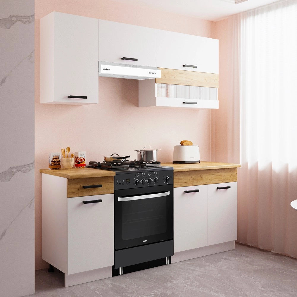 Cucina monoblocco Nina 180 cm bianco e rovere senza elettrodomestici