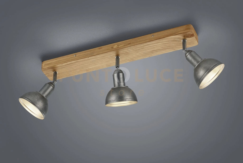DELHI BARRA 3 SPOTS ATTACCO E14 CUPOLA METALLO ACCIAIO ANTICO E LEGNO L. 58CM