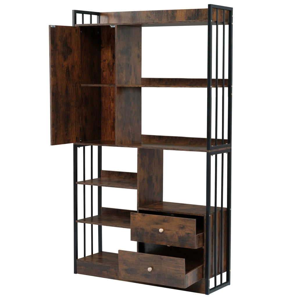 Libreria industriale 100x30x173;5 cm con ante e cassetti; effetto legno marrone nero