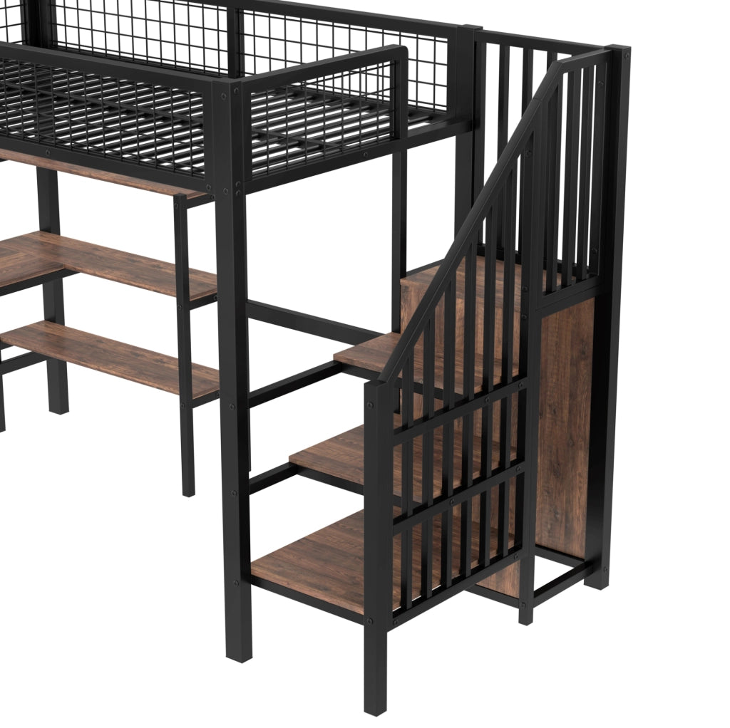 Letto a soppalco 90x200 cm con scrivania; scaffali e armadio in MDF e metallo nero e marrone