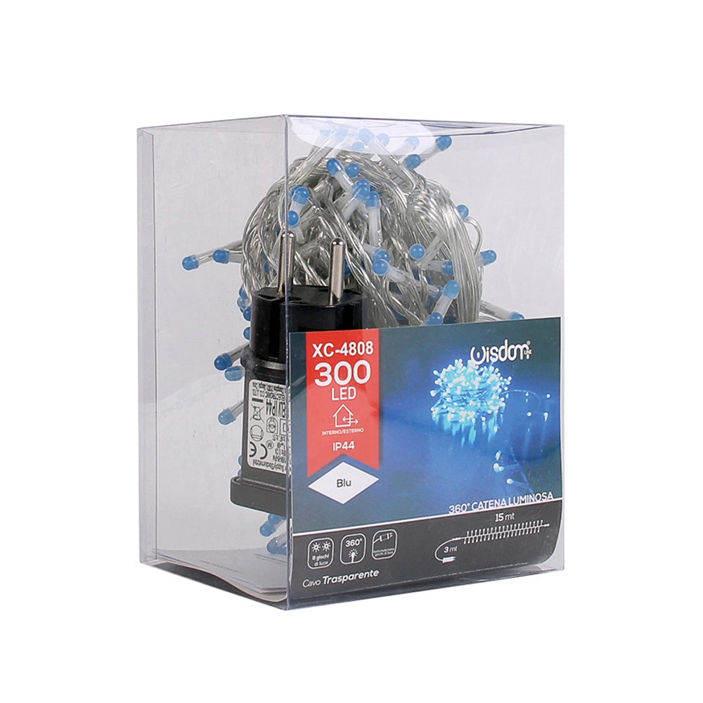 CATENA LUMINOSA 300 LED BLU 15M CAVO TRASPARENTE PER INTERNI ED ESTERNI - DECORAZIONE NATALIZIA IDEALE PER CASE GIARDINI E SPAZI COMMERCIALI