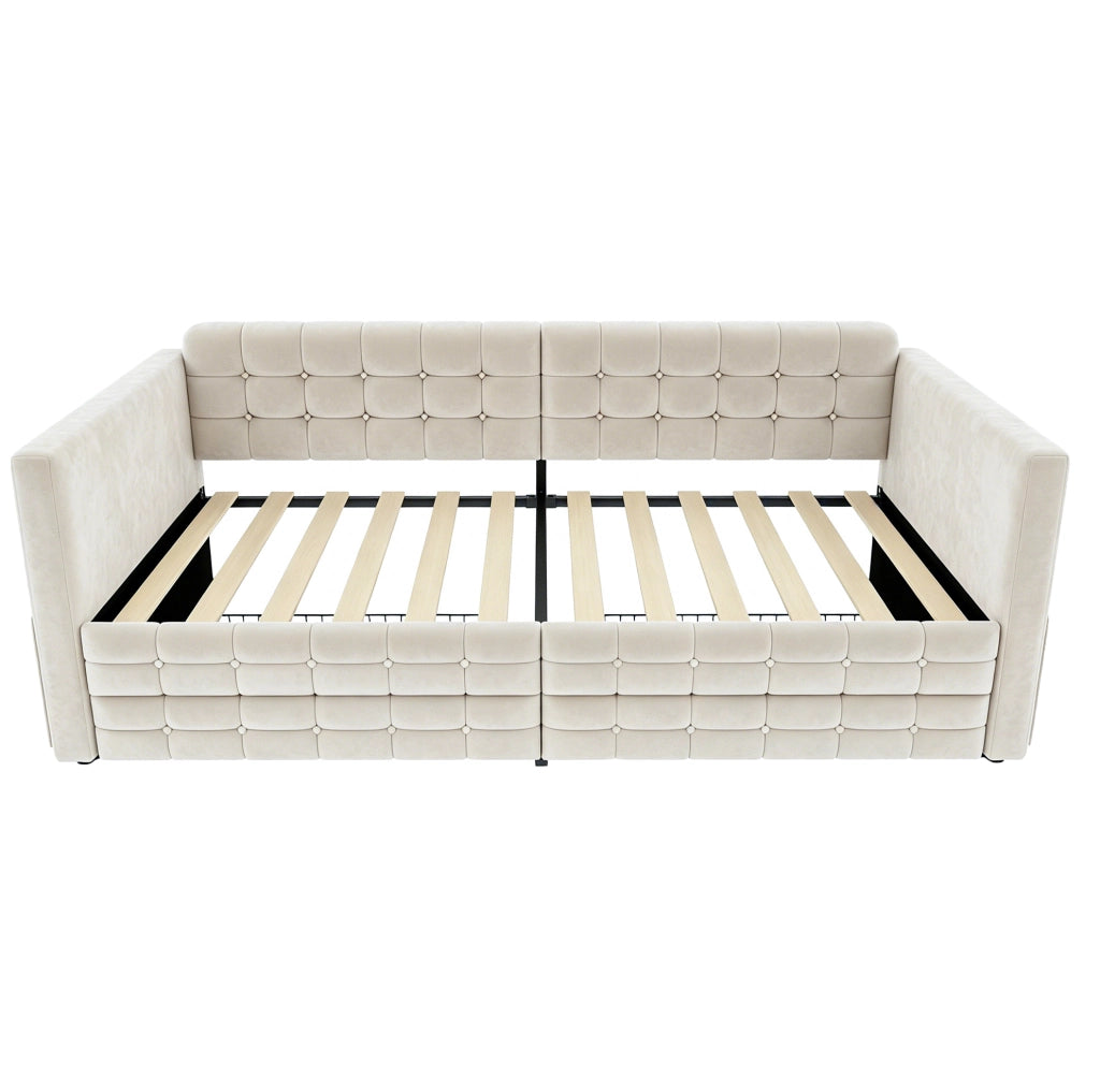 Letto imbottito 90x190 cm con tasche laterali e 2 cassetti in velluto beige