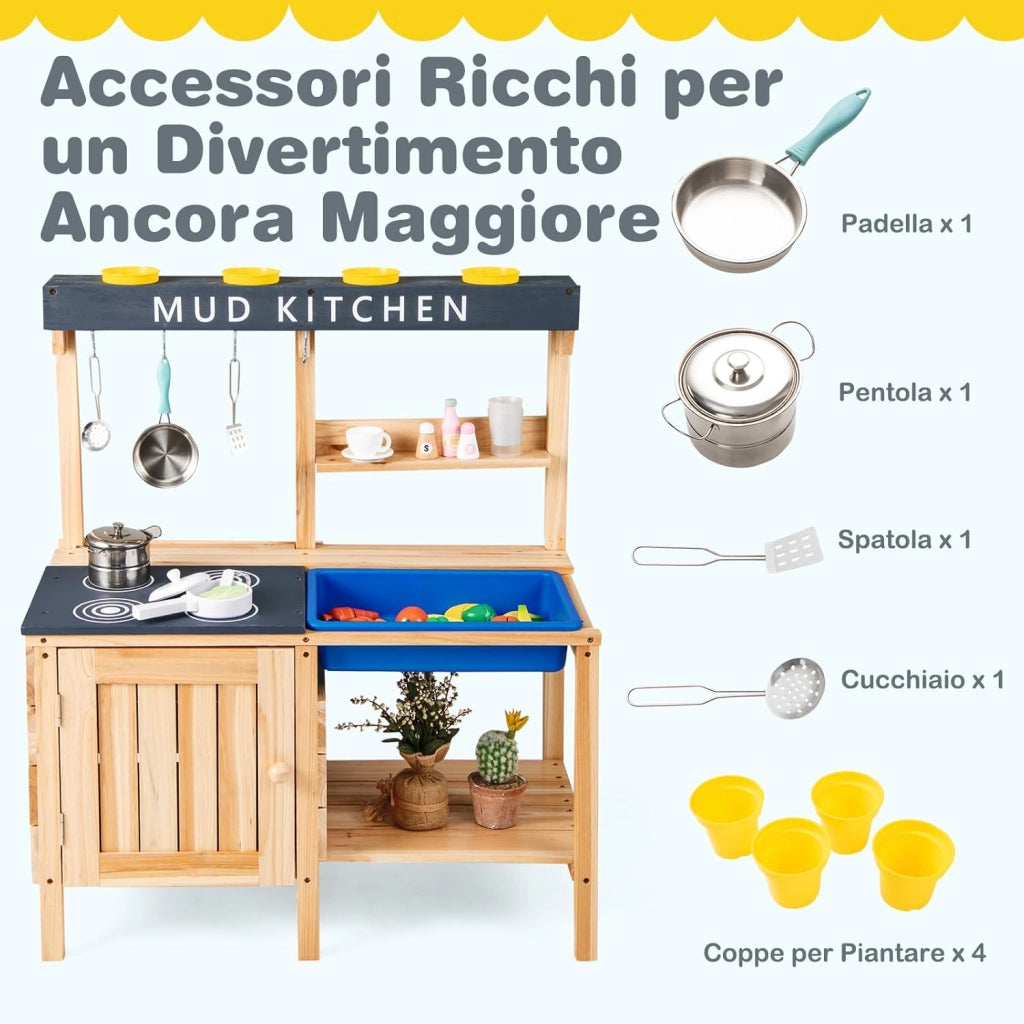 Cucina Giocattolo per Bambini, Cucina in Legno da Esterno con Lavello Removibile, Fornello, Pentole e Ripiani, Cucinetta Giocattolo Interattiva con Accessori per Bambini 3-8 Anni, Naturale