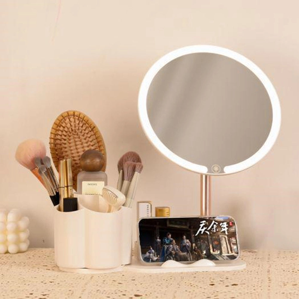 Trade Shop - Specchio Trucco Da Tavolo Con Luce Led Contenitore Portaoggetti Girevole Portacellulare -