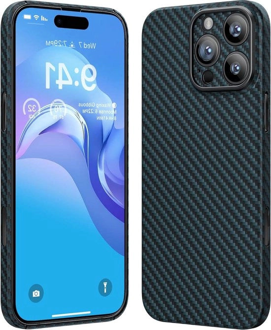 Case iPhone 16 Pro Max Aramide Vezel - Design Slancio e Minimalista con Fibra di Carbonio - Blu