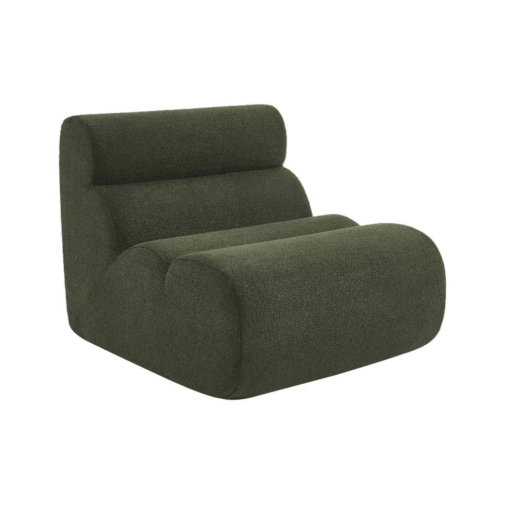 Poltrona bouclé testurizzata con poggiapiedi, verde kaki