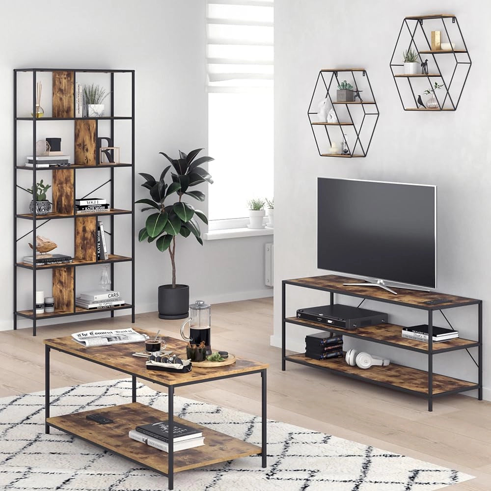 Divisorio per ambienti Fyrk, Legno antico, 80 x 180 cm, utilizzabile come divisorio con struttura in metallo e ripiani aperti