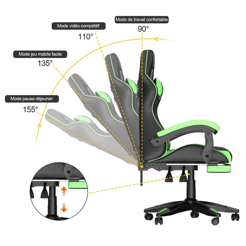 Sedia da gioco,  Sedia da gioco ergonomica in pelle PU, regolabile in altezza, con poggiatesta e supporto lombare, poggiapiedi,Nero Verde