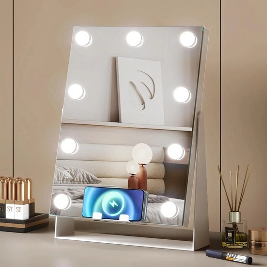 Specchio di trucco illuminato con ricarica wireless e 9 LED a led a 9 livelli di luminosità